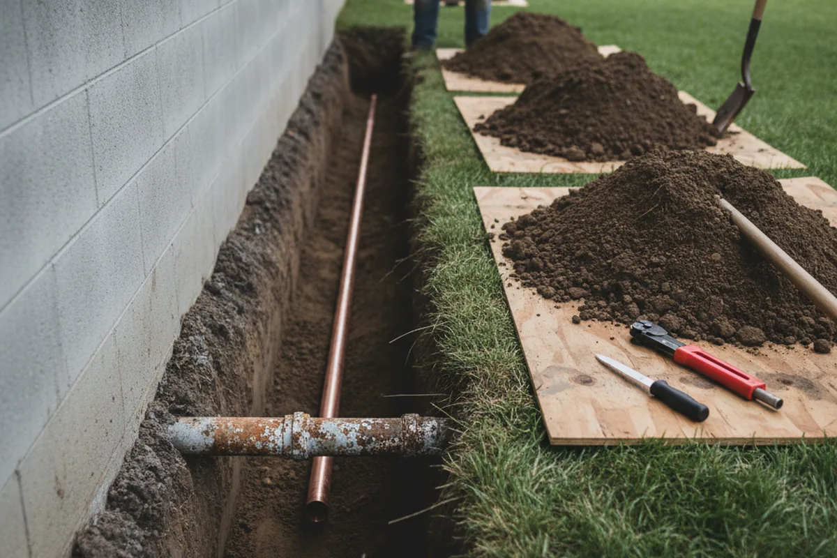 Excavated water line trench during Sewer Line Repair in Tuckahoe